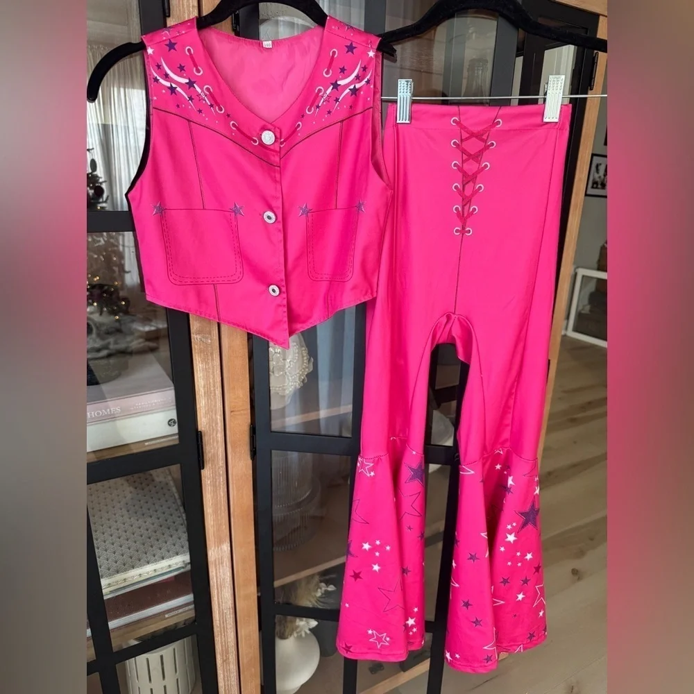 Barbie Movie western costume margot robie girls set flare pants vest top cowgirl
